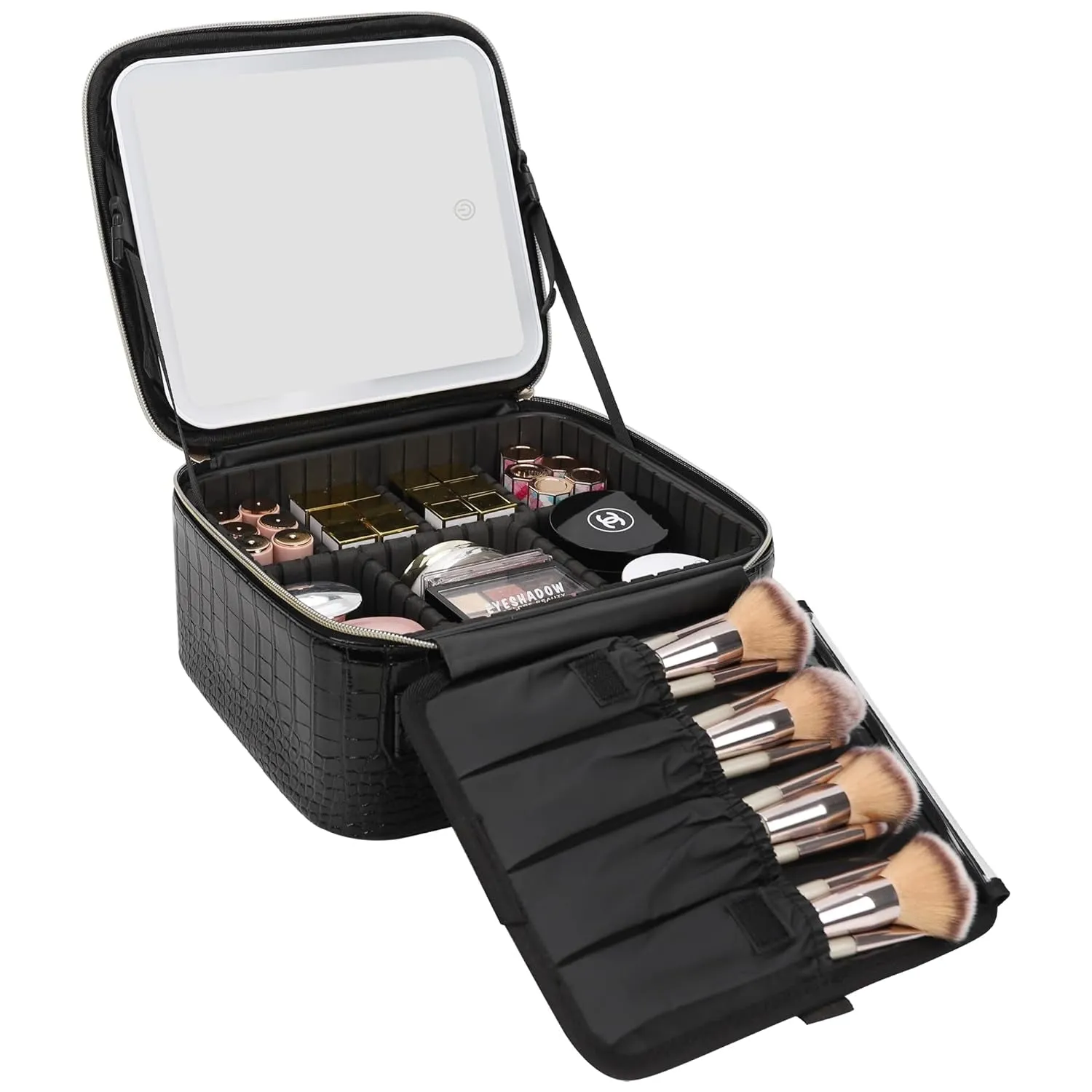 Travel Makeup Bag with LED Mirror, Cosmetic Train Case with Light up Mirror, Portable Makeup Artist Organizer Bag with Adjustable Dividers, Makeup Brush Holder Storage, Black
