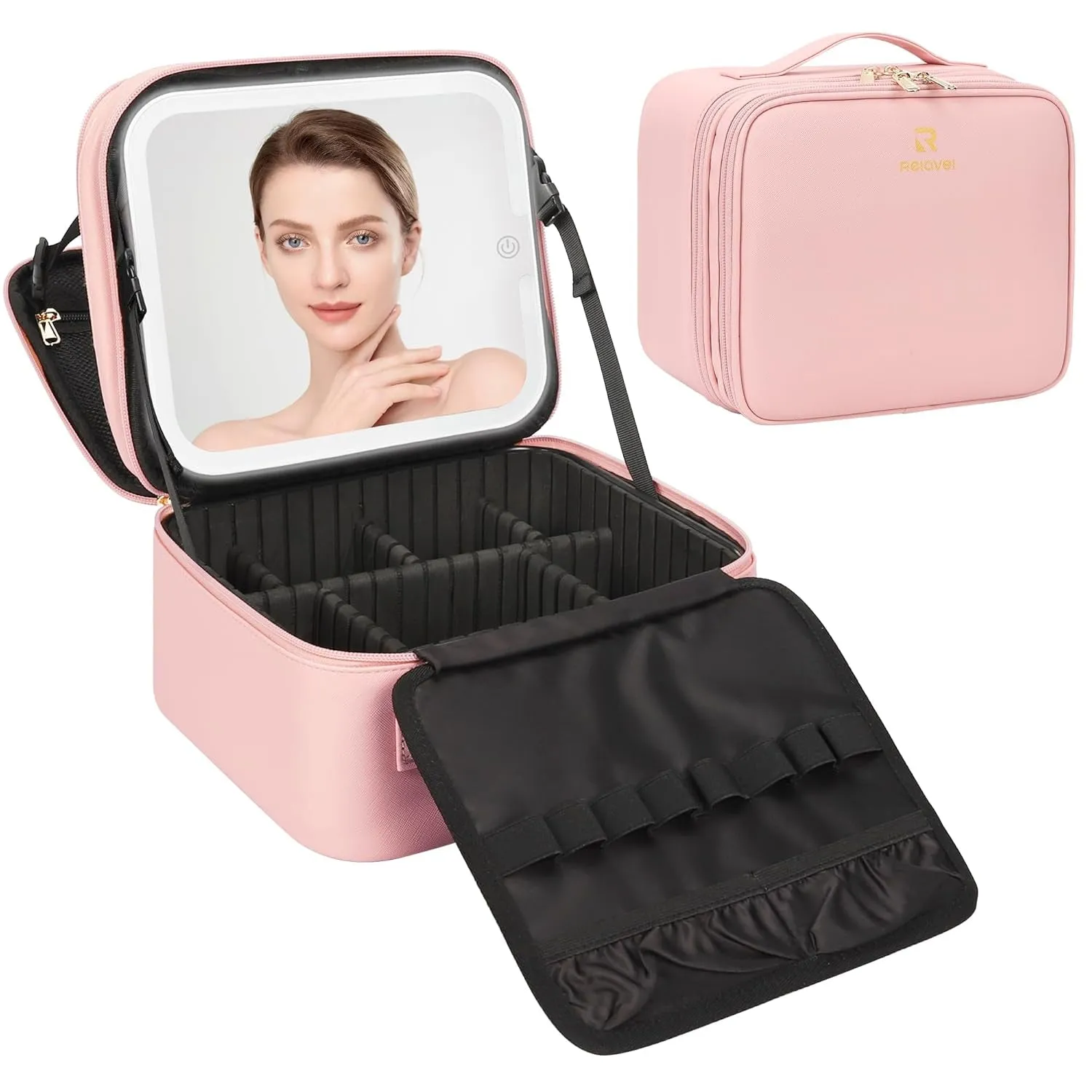 Travel Makeup Bag with LED Mirror, Cosmetic Train Case with Light up Mirror, Portable Makeup Artist Organizer Bag with Adjustable Dividers, Makeup Brush Holder Storage, Black