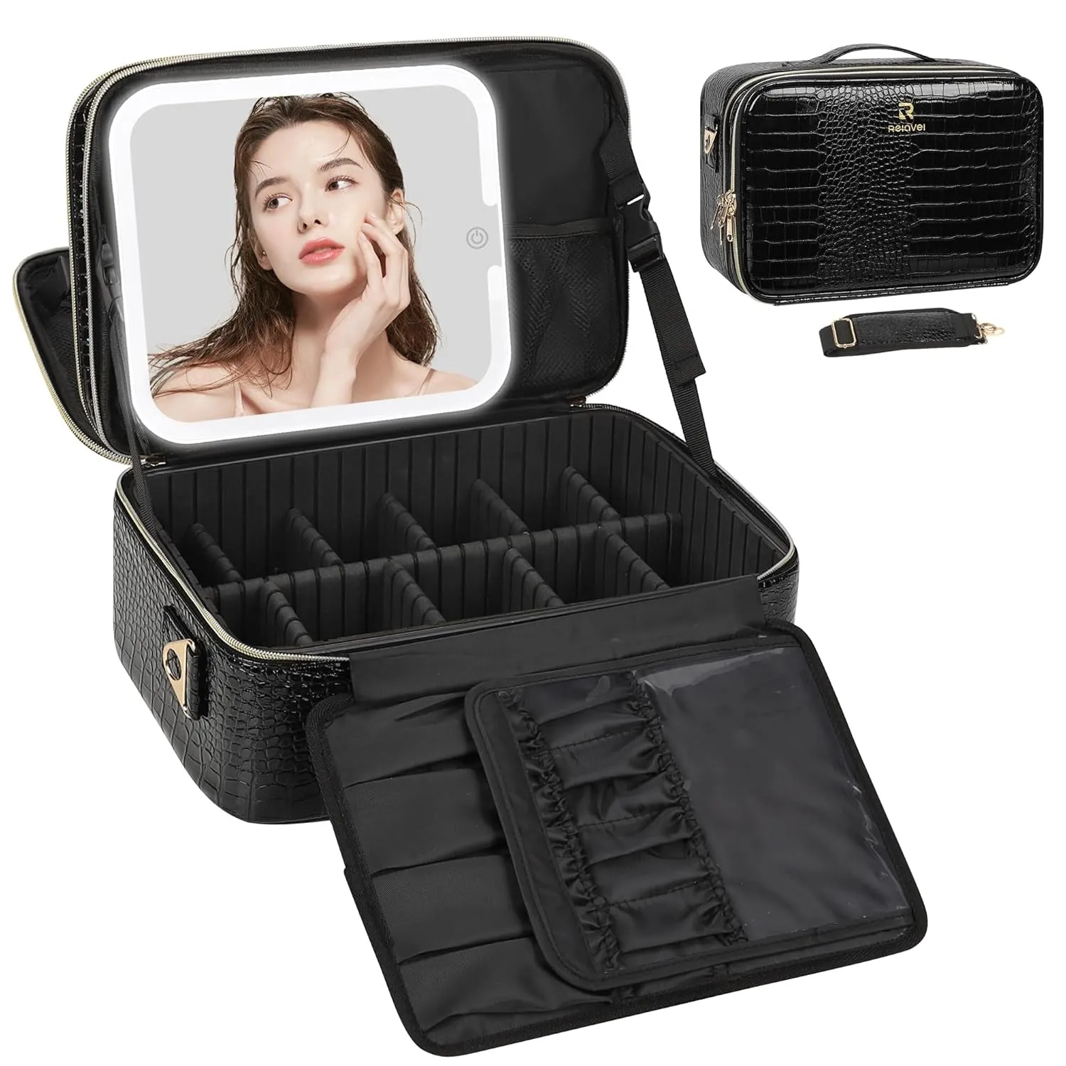 Travel Makeup Bag with LED Mirror, Cosmetic Train Case with Light up Mirror, Portable Makeup Artist Organizer Bag with Adjustable Dividers, Makeup Brush Holder Storage, Black