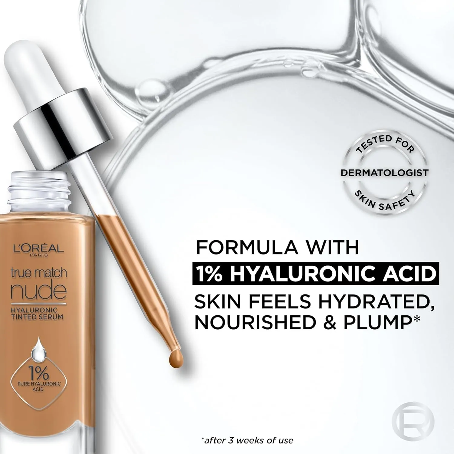 True Match Nude Hyaluronic Tinted Serum Foundation with 1% Hyaluronic Acid, Light 2-3, 1 Fl. Oz.