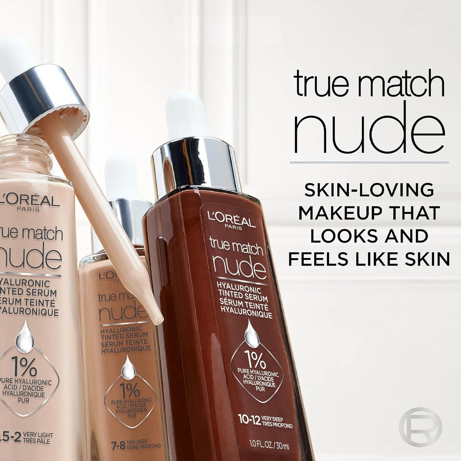 True Match Nude Hyaluronic Tinted Serum Foundation with 1% Hyaluronic Acid, Light 2-3, 1 Fl. Oz.
