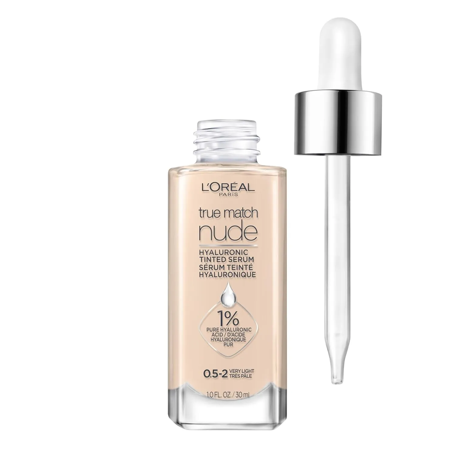 True Match Nude Hyaluronic Tinted Serum Foundation with 1% Hyaluronic Acid, Light 2-3, 1 Fl. Oz.