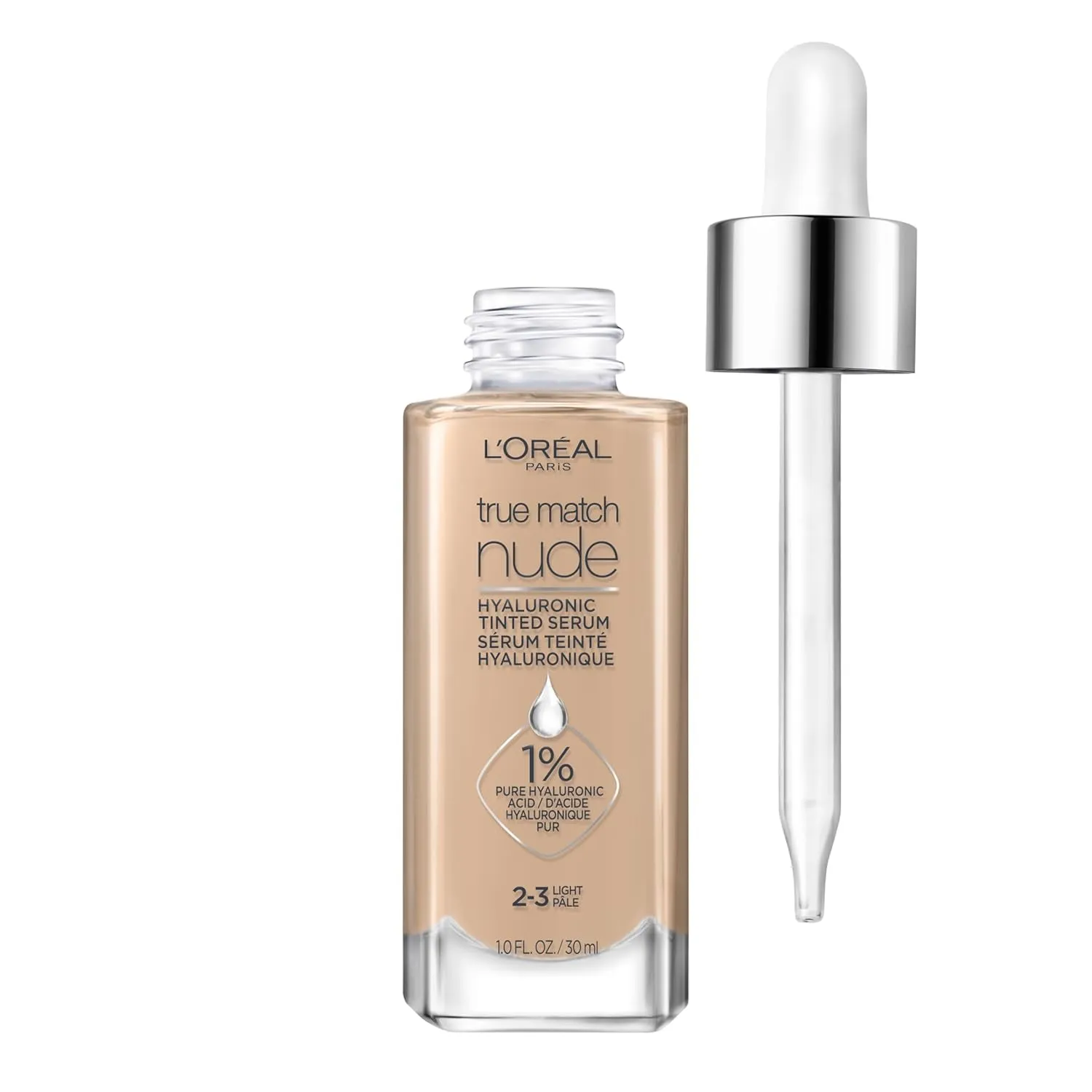 True Match Nude Hyaluronic Tinted Serum Foundation with 1% Hyaluronic Acid, Light 2-3, 1 Fl. Oz.