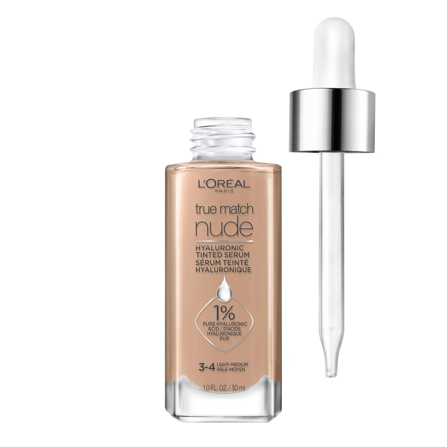 True Match Nude Hyaluronic Tinted Serum Foundation with 1% Hyaluronic Acid, Light 2-3, 1 Fl. Oz.