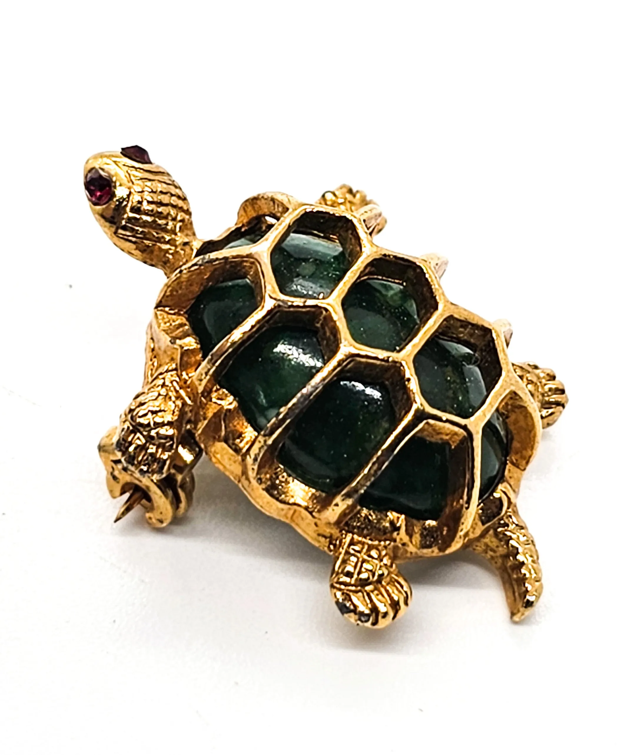 Turtle green lucite and gold toned vintage reptile brooch with red rhinestone eyes