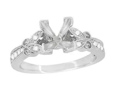 Twin Butterflies Art Deco Filigree 3/4 Carat Princess Cut Diamond Engagement Ring Setting in 14 Karat White Gold