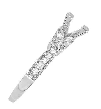 Twin Butterflies Art Deco Filigree 3/4 Carat Princess Cut Diamond Engagement Ring Setting in 14 Karat White Gold