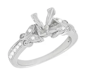 Twin Butterflies Art Deco Filigree 3/4 Carat Princess Cut Diamond Engagement Ring Setting in 14 Karat White Gold