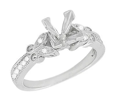Twin Butterflies Art Deco Filigree 3/4 Carat Princess Cut Diamond Engagement Ring Setting in 14 Karat White Gold