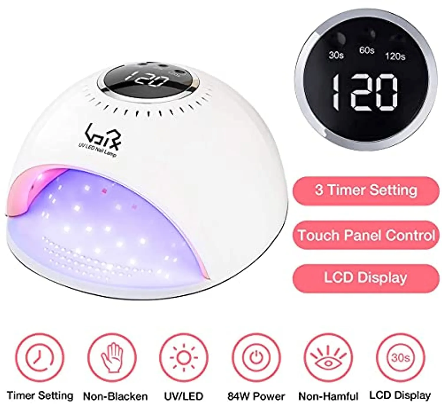 Urvoix UV LED Nail Lamp - 84W Nail Dryer Gel Nail Polish UV Light for Gel Polish, Professional Salon Curing Lamp with 3 Timers Touch Control, LCD Display, Auto-Sensing, Reduce Blackening Light
