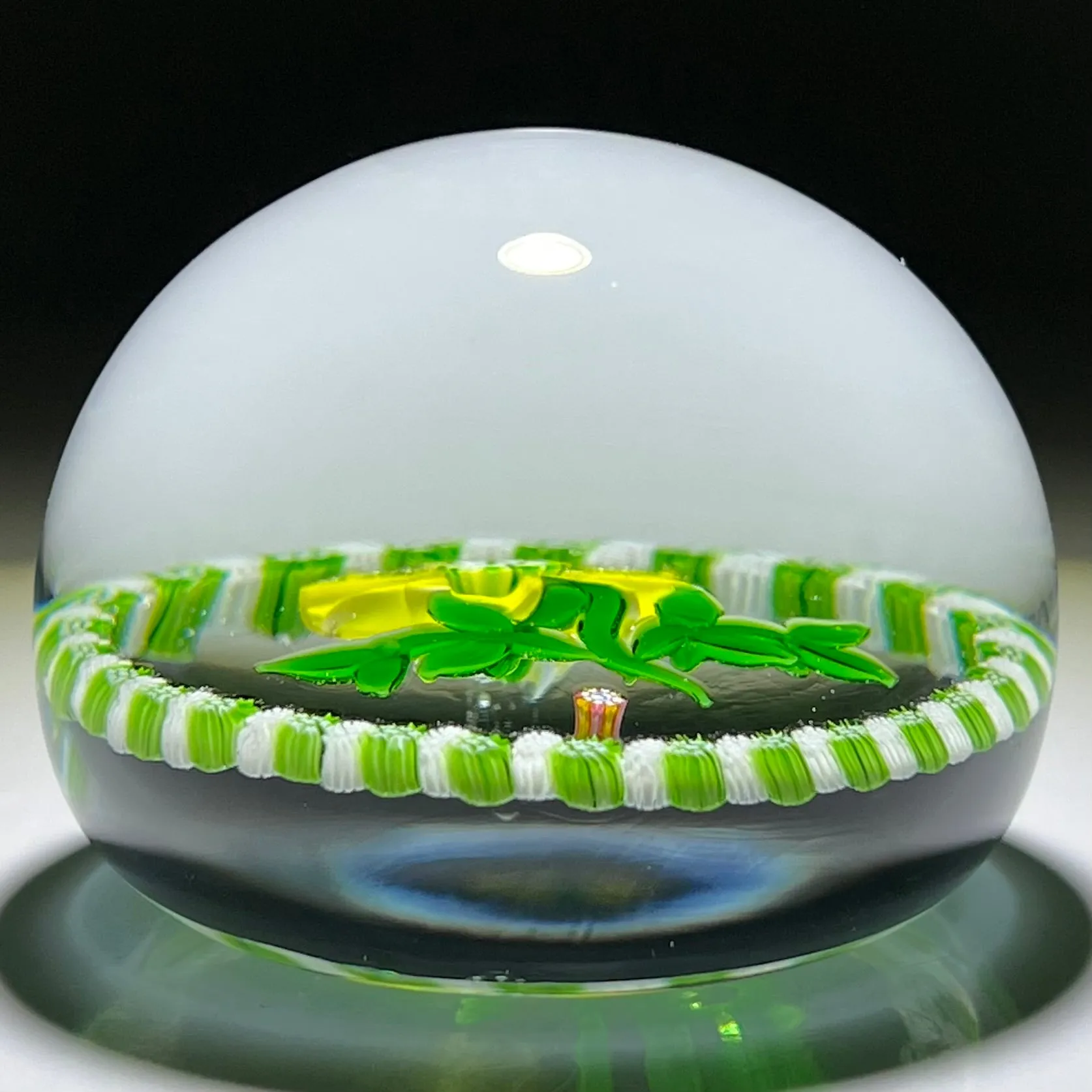 Vintage J Glass John Deacons Flamework Yellow Buttercup Flower with Millefiori Garland