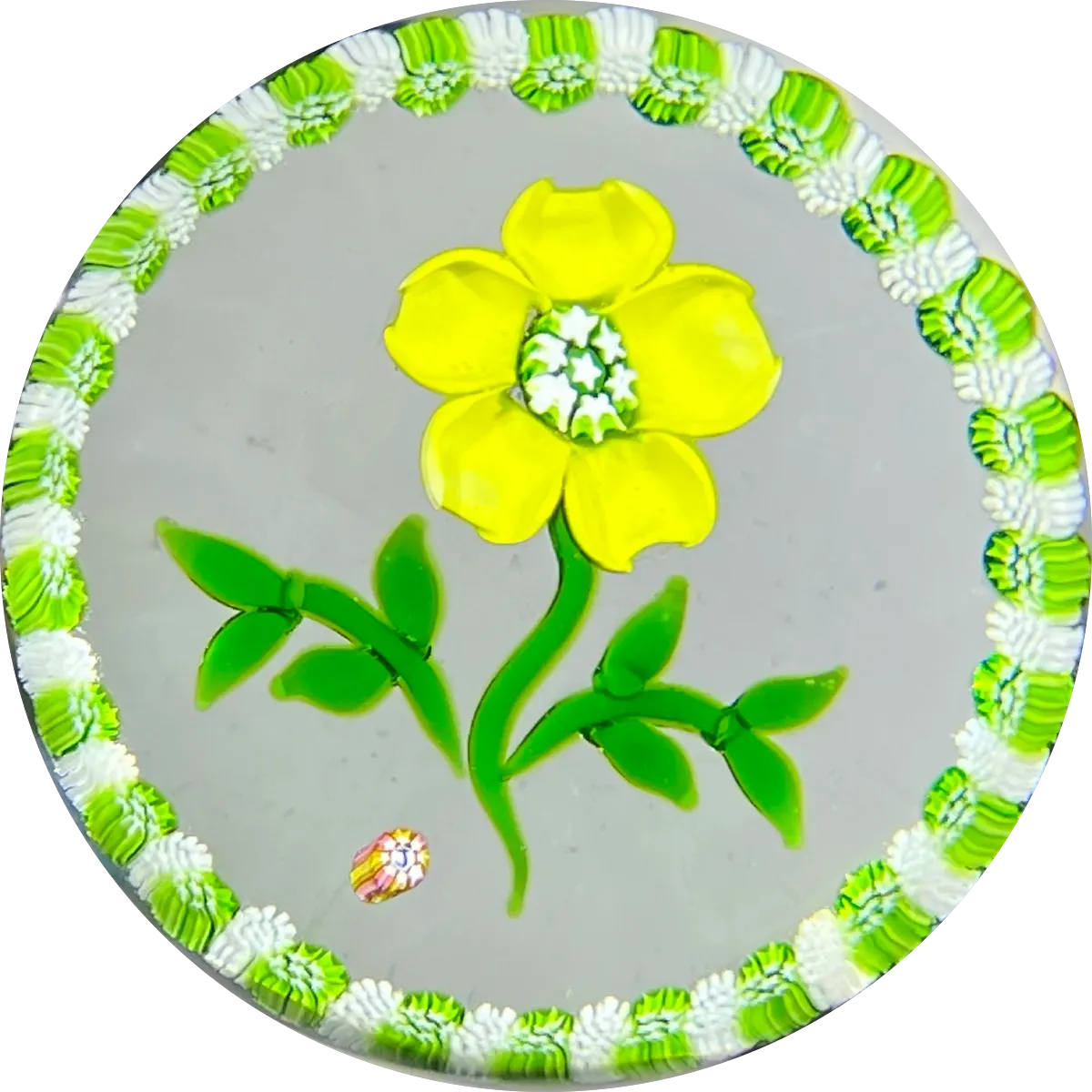 Vintage J Glass John Deacons Flamework Yellow Buttercup Flower with Millefiori Garland
