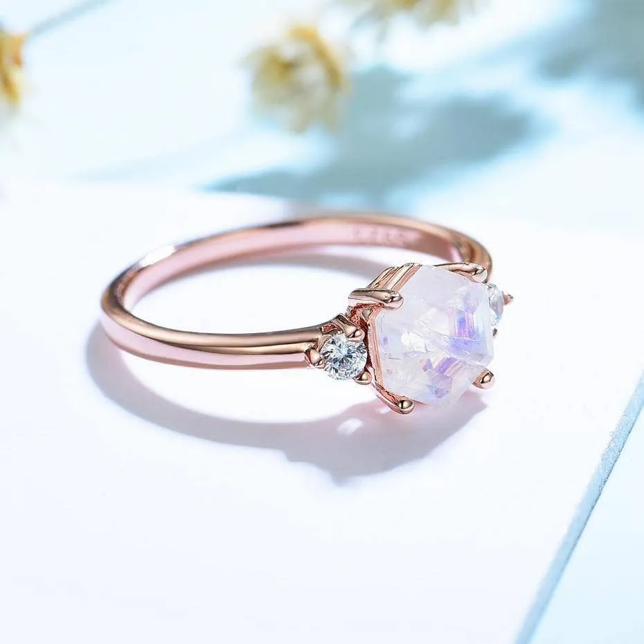 VIP Upgrade Natural Hexagon Moonstone Engagement Ring