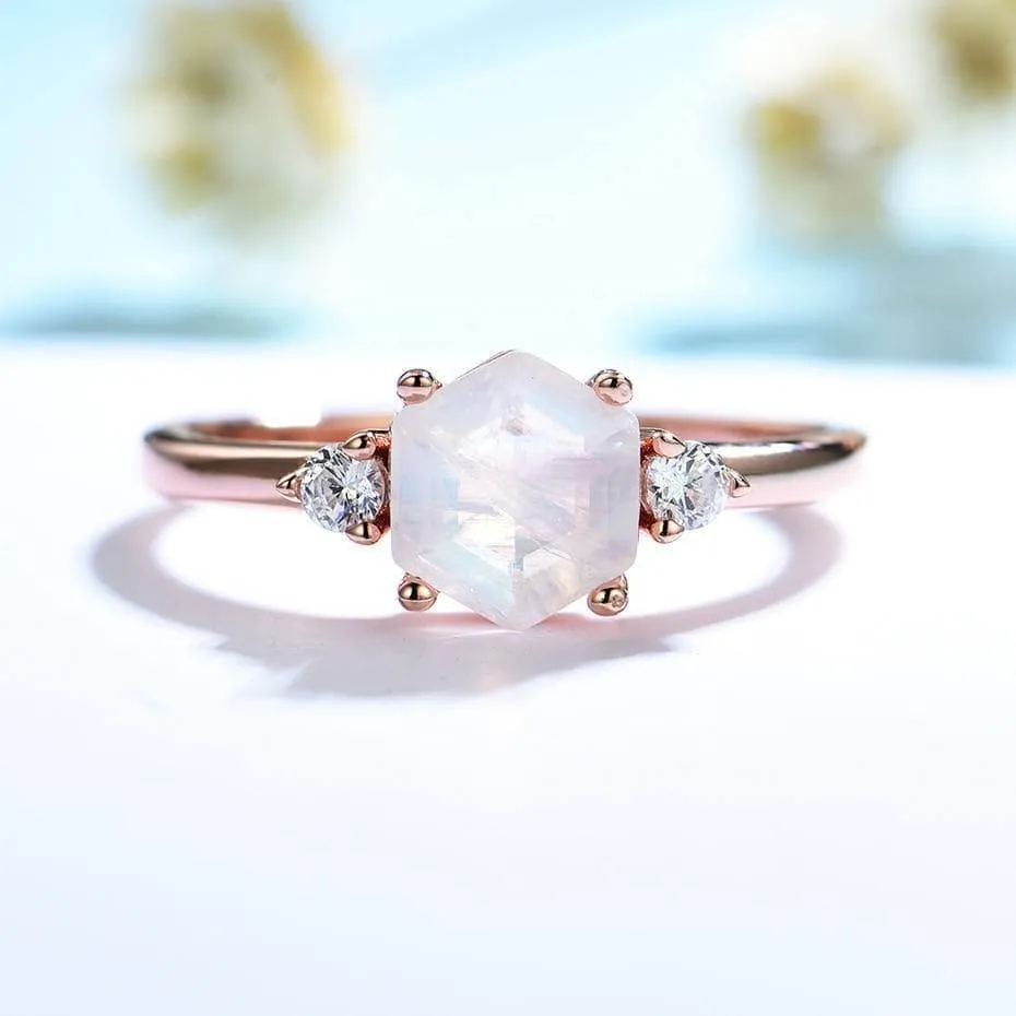 VIP Upgrade Natural Hexagon Moonstone Engagement Ring