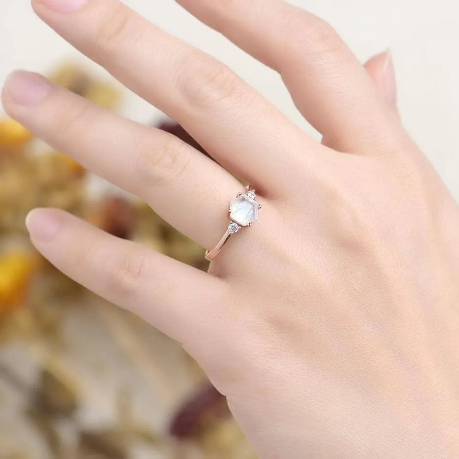 VIP Upgrade Natural Hexagon Moonstone Engagement Ring