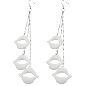 White Layered Pucker Lips Drop Chain Earrings