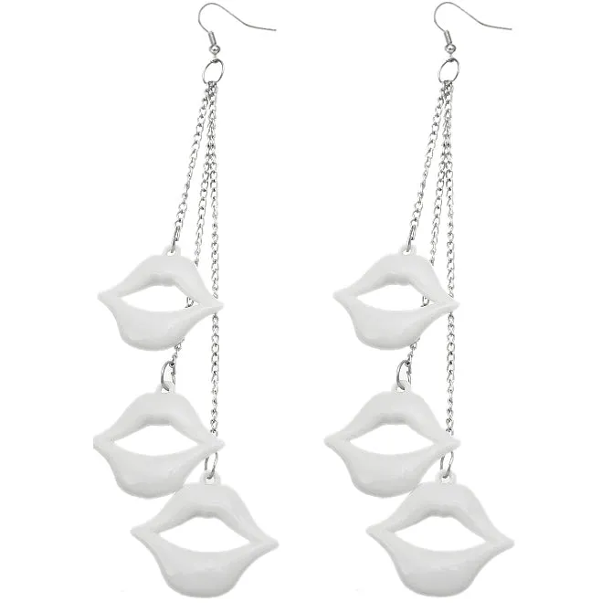 White Layered Pucker Lips Drop Chain Earrings