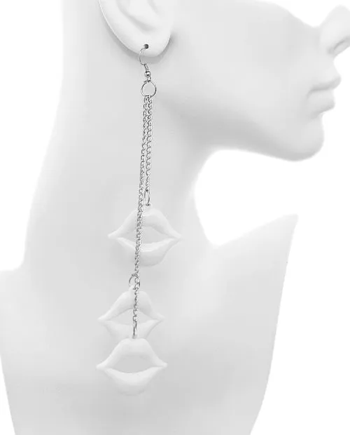 White Layered Pucker Lips Drop Chain Earrings