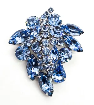 Wiess Baby blue vintage rhinestone leaf signed cluster brooch mid century