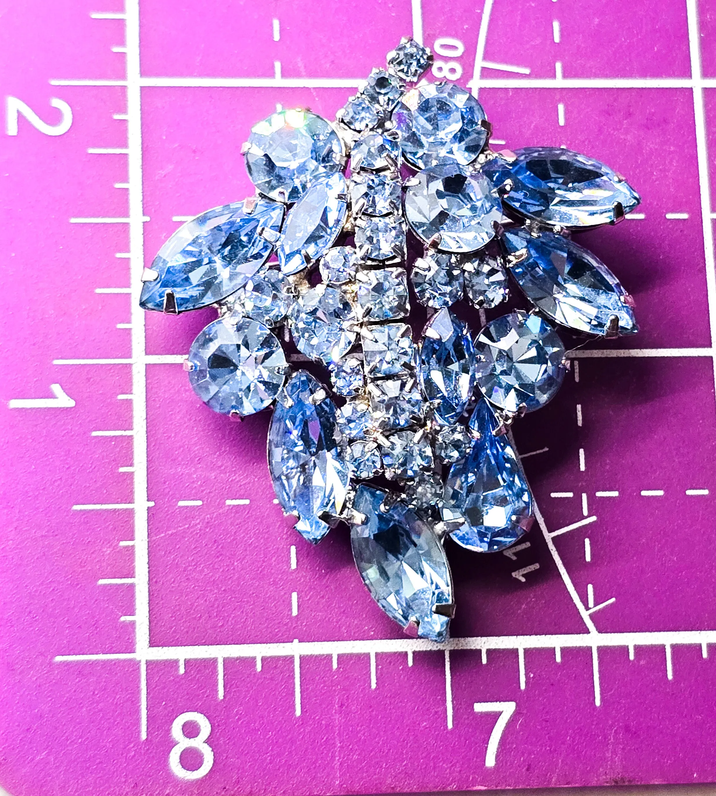 Wiess Baby blue vintage rhinestone leaf signed cluster brooch mid century