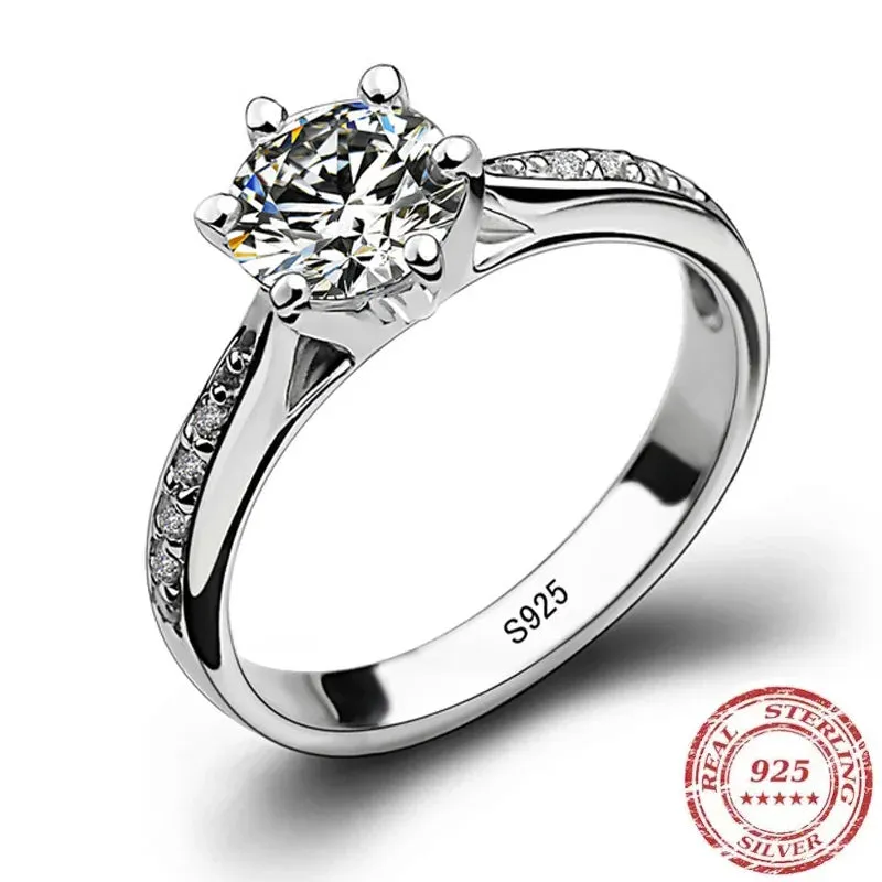 Women's Classic 925 Sterling Silver Six-Claw Ring - 0.70ct Imitation Diamond