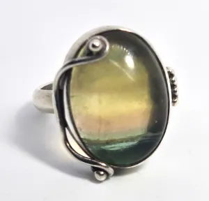 Yellow banded fluorite gemstone vintage artisan sterling silver ring size 7.5