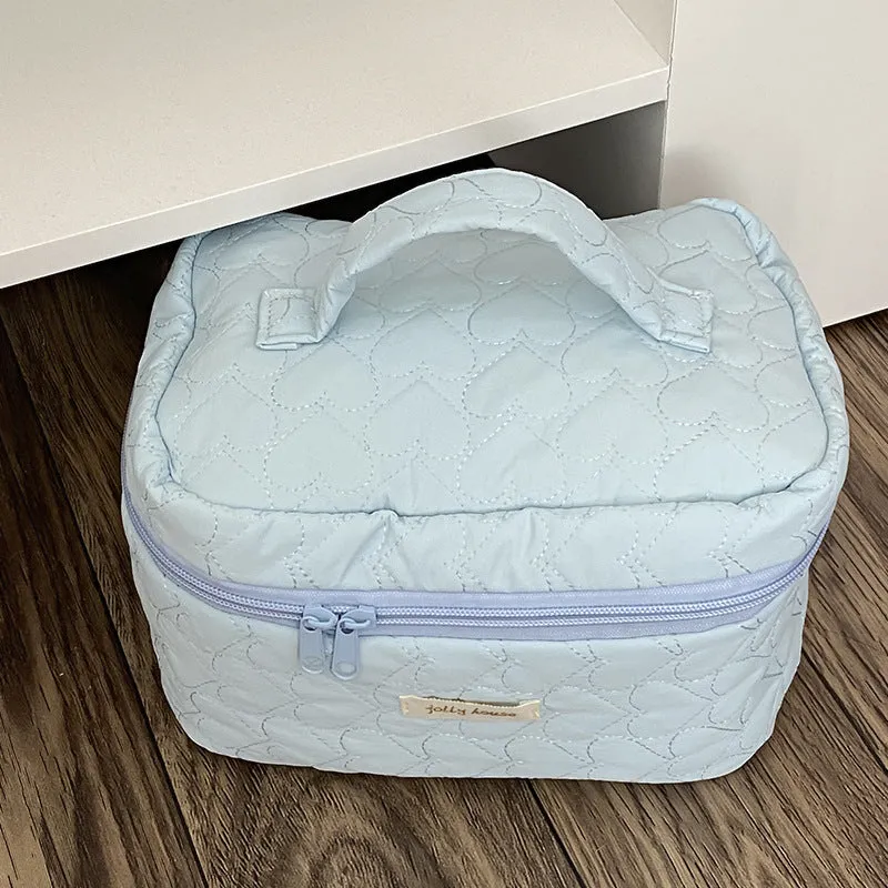 Yellow Blue Creamy Love Heart Quilted cotton Large Makeup Bag, Cosmetic Organizer, Makeup Toiletry Organizer, Large Capacity Makeup Bag