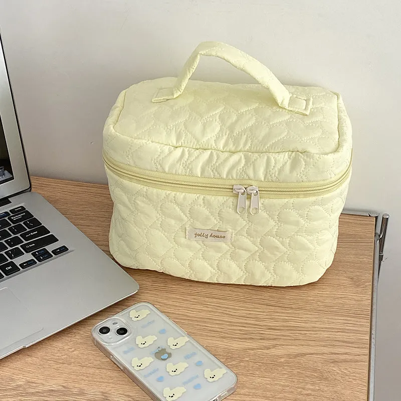 Yellow Blue Creamy Love Heart Quilted cotton Large Makeup Bag, Cosmetic Organizer, Makeup Toiletry Organizer, Large Capacity Makeup Bag