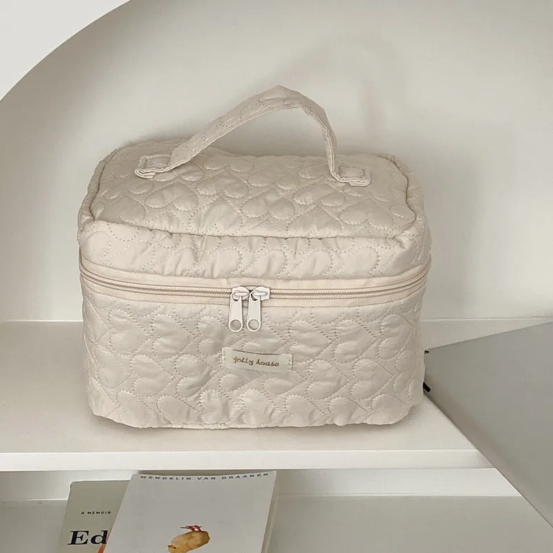 Yellow Blue Creamy Love Heart Quilted cotton Large Makeup Bag, Cosmetic Organizer, Makeup Toiletry Organizer, Large Capacity Makeup Bag