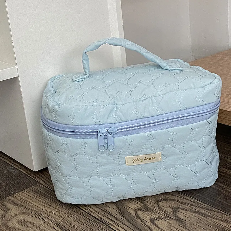 Yellow Blue Creamy Love Heart Quilted cotton Large Makeup Bag, Cosmetic Organizer, Makeup Toiletry Organizer, Large Capacity Makeup Bag