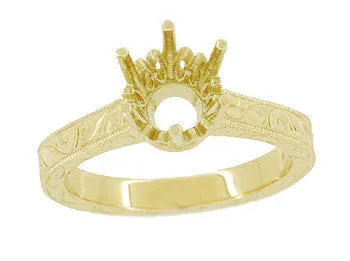 Yellow Gold 1.25 - 1.50 Carat Crown Filigree Scrolls Art Deco Engagement Ring Setting - 14K or 18K