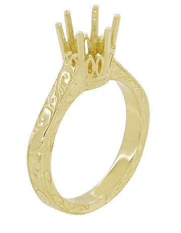 Yellow Gold 1.25 - 1.50 Carat Crown Filigree Scrolls Art Deco Engagement Ring Setting - 14K or 18K