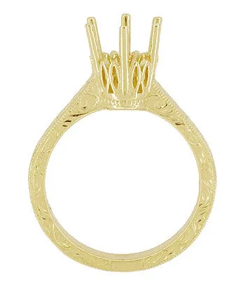 Yellow Gold 1.25 - 1.50 Carat Crown Filigree Scrolls Art Deco Engagement Ring Setting - 14K or 18K