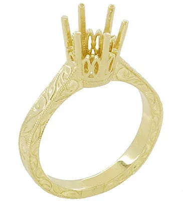 Yellow Gold 1.25 - 1.50 Carat Crown Filigree Scrolls Art Deco Engagement Ring Setting - 14K or 18K