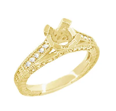 Yellow Gold Antique Inspired X & O Kisses 1 Carat Round or Asscher Diamond Engagement Ring Semimount