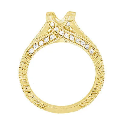 Yellow Gold Antique Inspired X & O Kisses 1 Carat Round or Asscher Diamond Engagement Ring Semimount