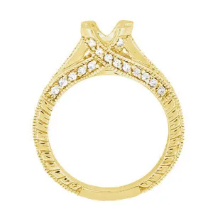 Yellow Gold Antique Inspired X & O Kisses 1 Carat Round or Asscher Diamond Engagement Ring Semimount