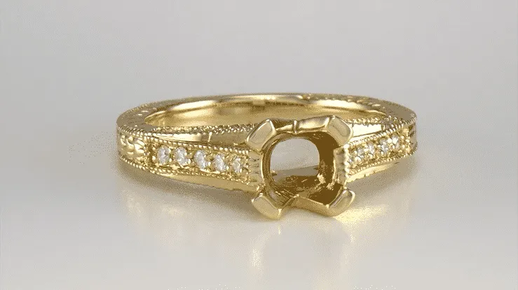 Yellow Gold Antique Inspired X & O Kisses 1 Carat Round or Asscher Diamond Engagement Ring Semimount