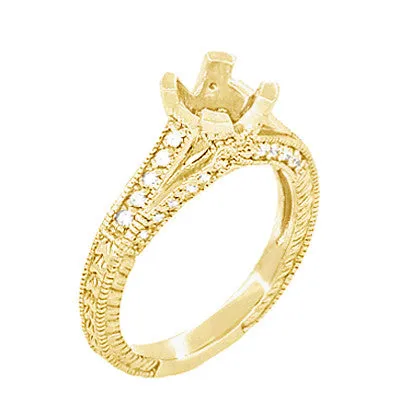Yellow Gold Antique Inspired X & O Kisses 1 Carat Round or Asscher Diamond Engagement Ring Semimount