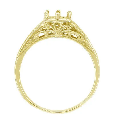 Yellow Gold Art Deco Scrolls and Wheat Filigree Engagement Ring Setting for a 3/4 Carat Round Diamond - 18K